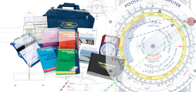 Books, navigation chart, flight computer and pilot bag